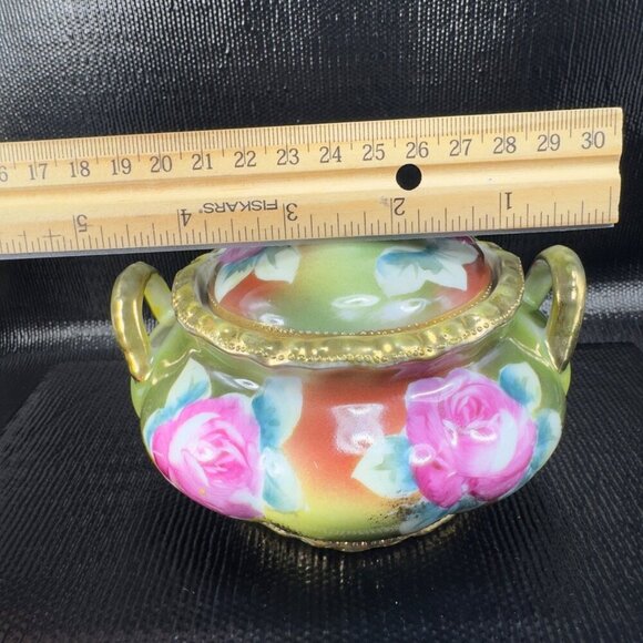Antique Nippon Porcelain Hand Painted Sugar Bowl Small Container Jar Beaded VTG - Picture 3 of 15